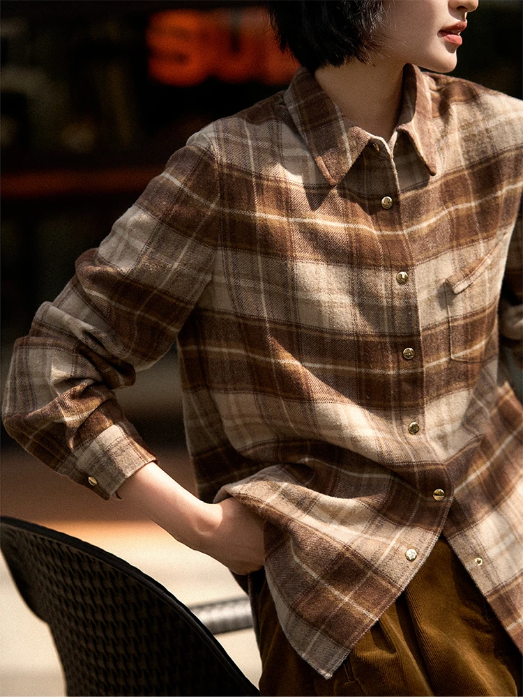 

Khaki Plaid Wool Blend Long Sve Collared irt 26 Autumn Winter American Sle Loose Fit Polyester Fiber Resistant to Defo...