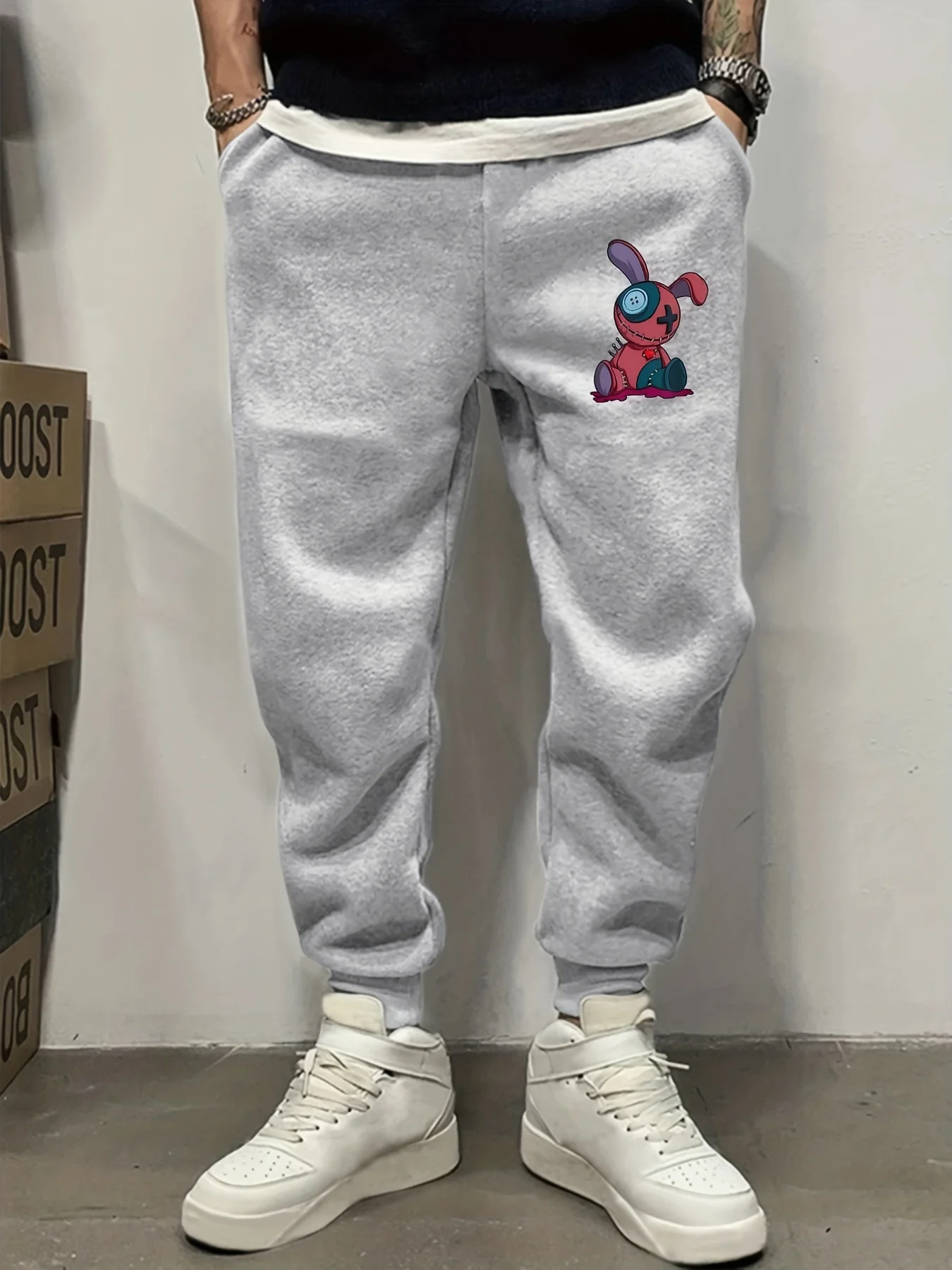 Goth‑focused Patchwork Creepy Bunny Rag‑Toy Character Sketch Art Print Soft Men Sweatpants Hip Hop Sports Jogger Trousers