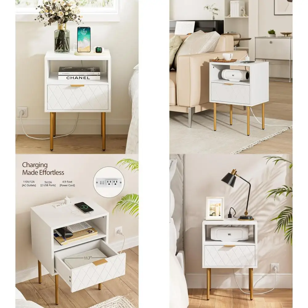 

Modern Gold Frame Nightstand with Drawer, Compact Side Table for Bedroom and Living Room (Black)