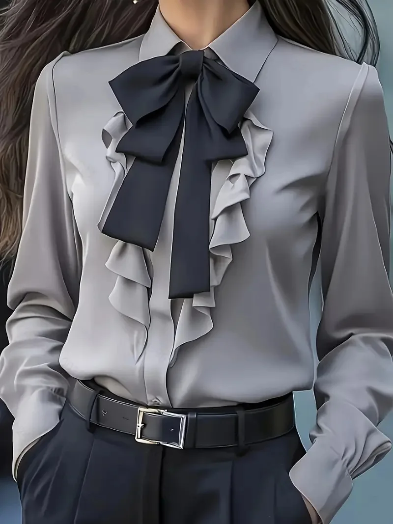 

Spring Fall Shirt New Lapel frenum Long Sleeved Top For Women Elegant Office Lady Spliced ​​buttons Shirts & Blouse Woman Blusas