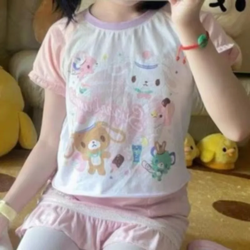 

Japanese Cute Cartoon Printed Short T-shirt Female Colorful Short-sleeve Top Girls Pink Kawaii Pulovers Youthful T Shirts Summer