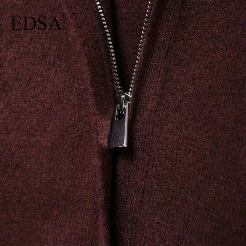 EDSA Women Knitted Bomber Jacket Lapel Zipper Vintage Burgundy Color Coat New Fall Winter Stylish Knitted Cardigan