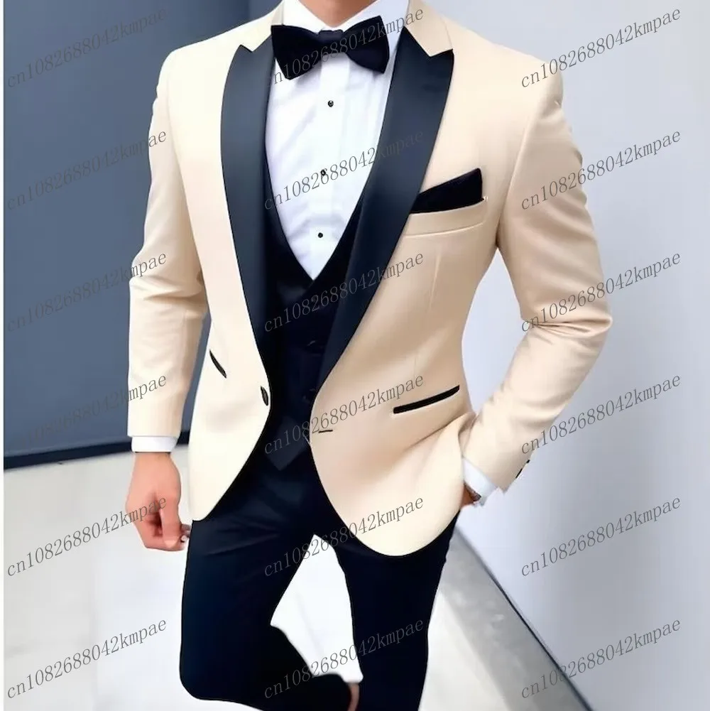 

Бежевый и черный ацетатный атласный мужской костюм для жениха, жениха, свадебной вечеринки, выпускного вечера, мужские смокинги, комплект из 3 предметов, пиджак, жилет, брюки