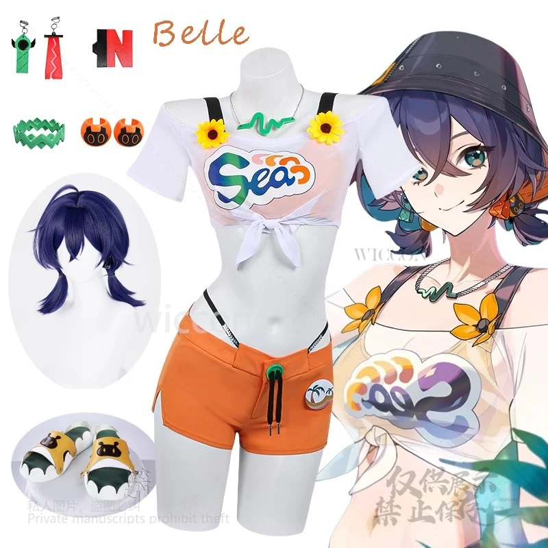 

Game Zenless Zone Zero Belle Summer Cosplay Costume Swimsuit Outfit Hat Shorts Suit Prop Wig Bikini Women Halloween Party Role