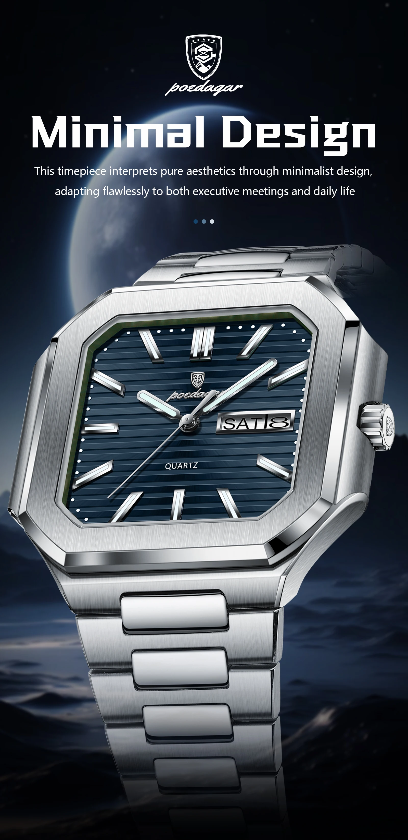 POEDAGAR Platz Mode Mann Armbanduhr Wasserdicht Leucht Datum Woche Quarz herren Uhren Edelstahl Luxus Männer Uhr Reloj – Detail 2
