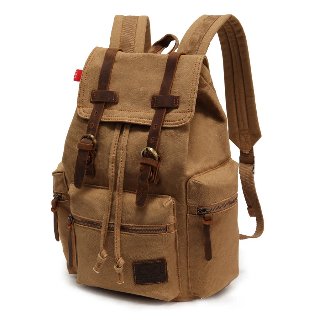 

Retro Style Men'S Canvas Backpack Khaki 28*16*42Cm Adjustable Shoulder Straps Double Padded Laptop Bag For Travel Outdoor