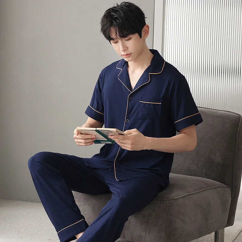 

Plus Size Men's Modal Pajamas Set Summer Short Sleeve Cardigan Long Pants Homewear Suit Korean Youth Casual Loose Sleepwear