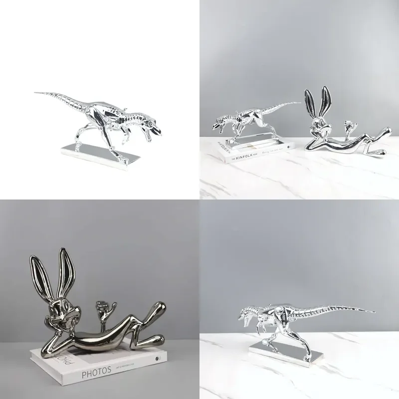 Nordic Creative Cartoon Electroplated Rabbit Dinosaur Resin Ornament for Living Room Bedroom Entrance Hotel Soft Decoration