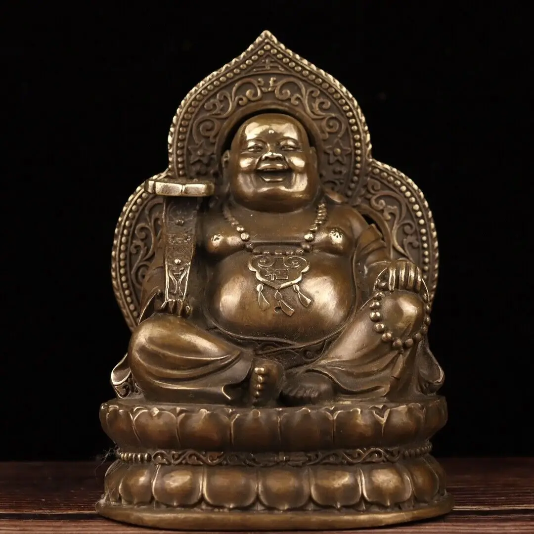 Chinese copper bronze Carved Happy Laugh Maitreya Buddha lotus Seat big Statue