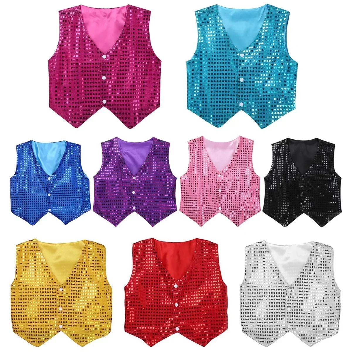 Children Boys Girls Hip-hop Jazz Street Dance Vest Shiny Sequin Waistcoat Kids Choir School Show Party Stage Performance Costume