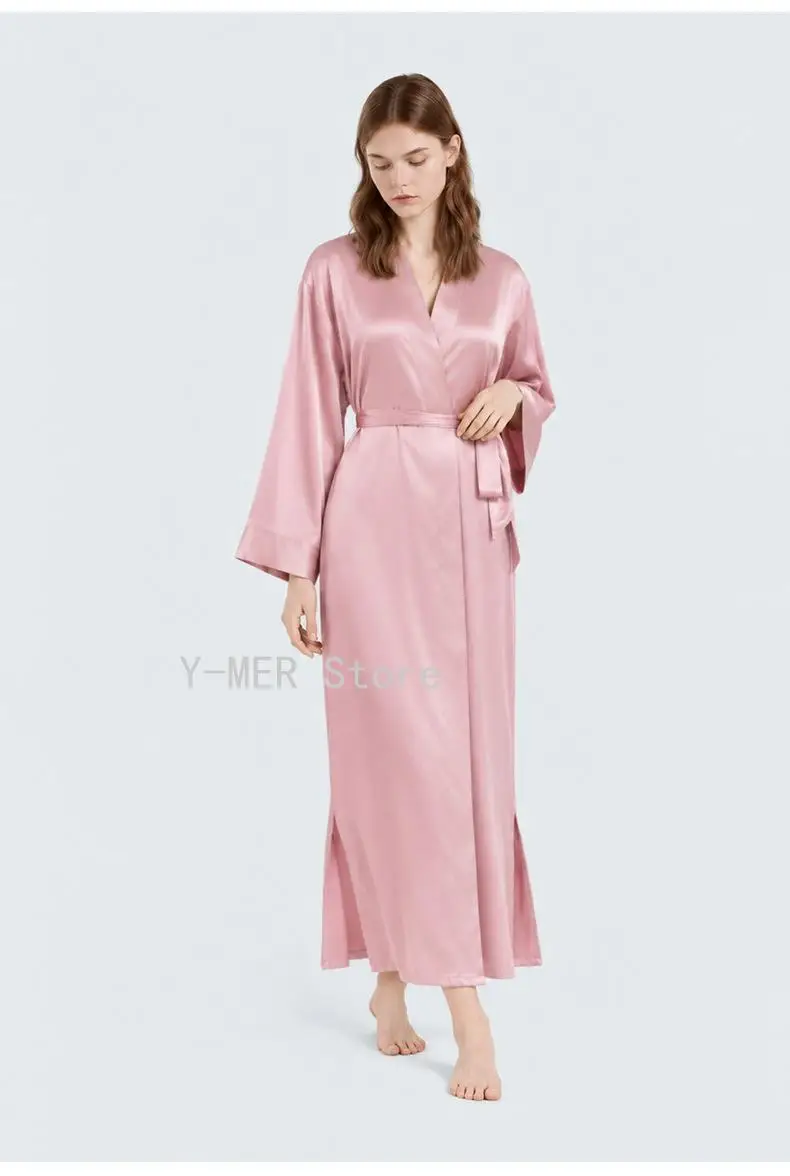 Women Ice Silk Long Morning Gown, European American Style V Neck Tie Waist Solid Color Simple Bathrobe Loungewear Spring Autumn
