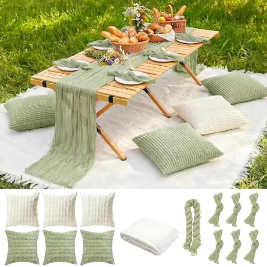 

Большое уличное покрывало для пикника в стиле бохо, белое, 91 x 71 дюймов, с дорожкой на стол, 6 салфетками и 6 наволочками для декора стола на пляже