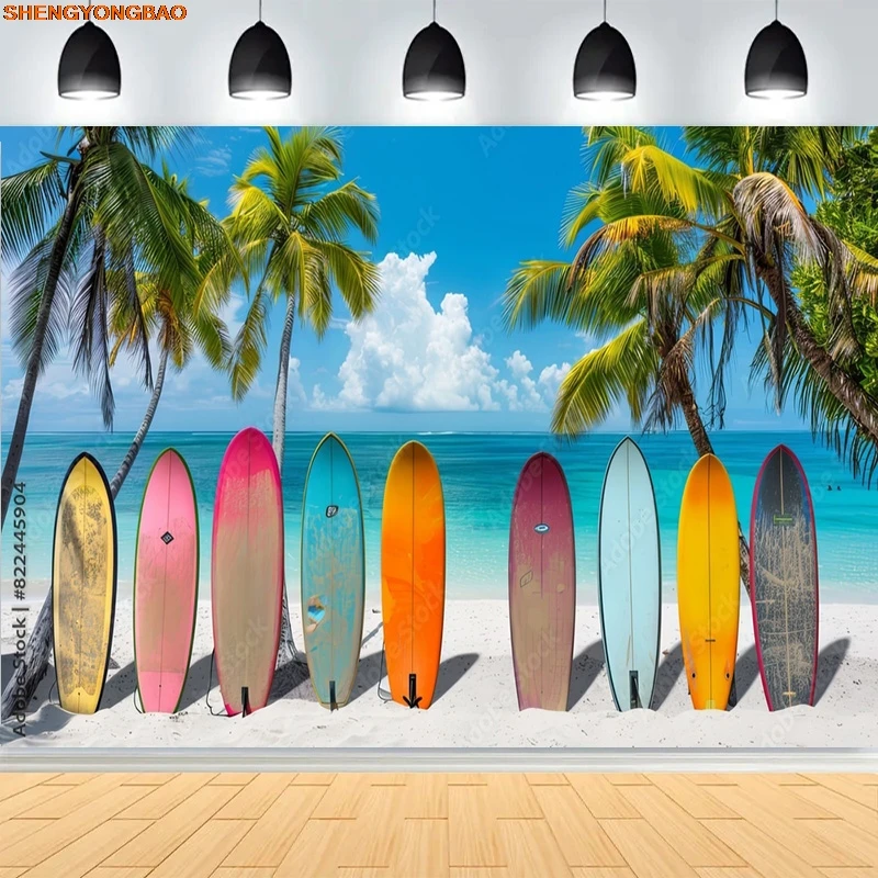 

Colorful Surfboard Palm Trees White Sand Blue Water Summer Beautiful Tropical Beach And Sea Landscape Photo Background FN-02