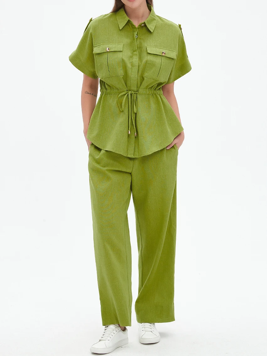 

Parc Fee Fashion Loose Green Linen 2 Piece Set Women 2025 Elegant Short Sleeve Shirt With High Waist Wide Pants Set Female