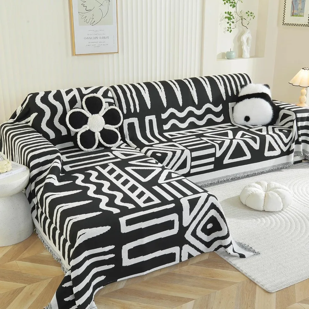 

L Shaped Sectional Couch Cover 2 Piece Set Washable Sofa Slipcover with Tassel Boho Decor