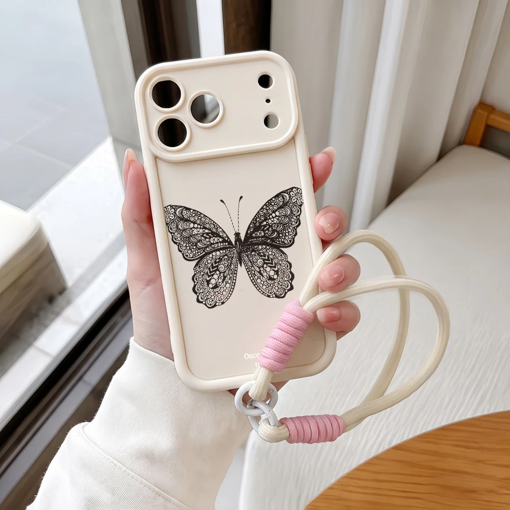 Handyhülle für iPhone 12 13 14 15 16 17 Pro Max 16 15 14 Pro Plus 17E Spitzen-Schmetterling-Lanyard Stoßfeste Matte Silikon-TPU-Hülle – Detail 4