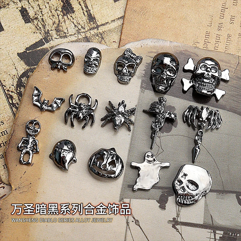 20PCS Halloween Dark Spicy Girl Cute Ghost Bat Spider Skull Gun Black Alloy Nail Art Rhinestones Decorations Manicure Ornaments