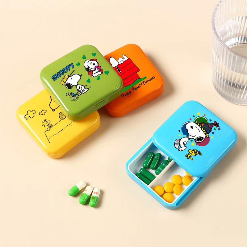 

Anime Snoopys Pill Box Organizer Kawaii Creative Portable Travel Medicines Container Girls Mini Push-pull Vitamin Storage Case