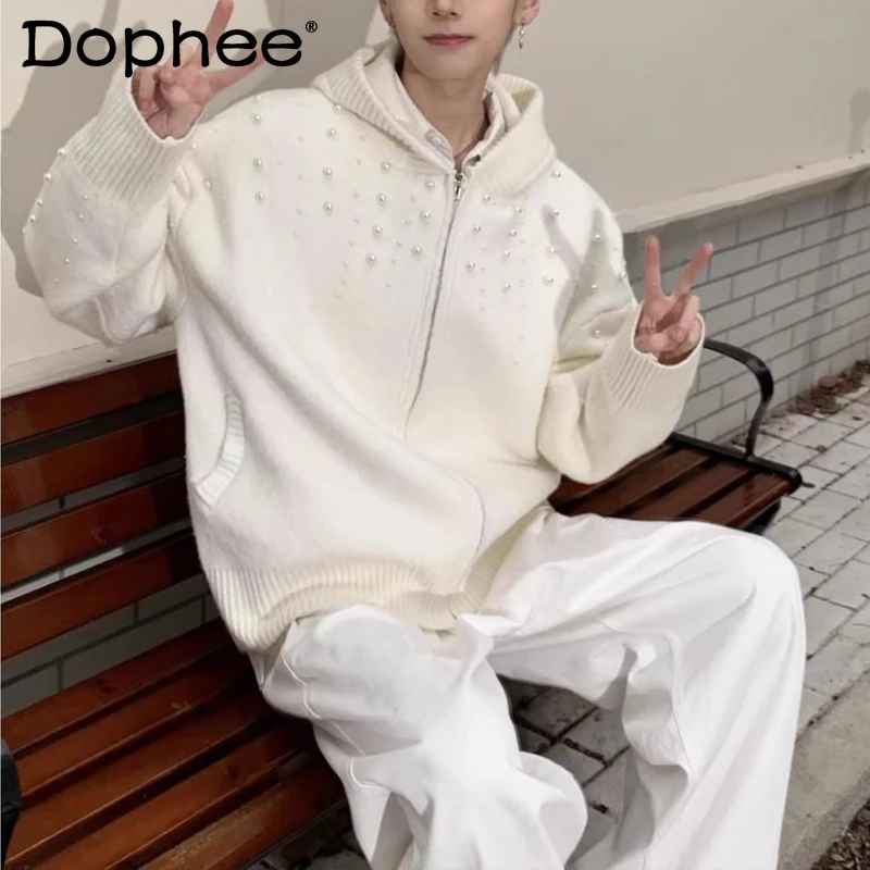 

Модные свитера с жемчужной молнией для мужчин и женщин, весна-осень 2026, новые вязаные пуловеры, уникальные высококачественные однотонные стильные верхние вещи