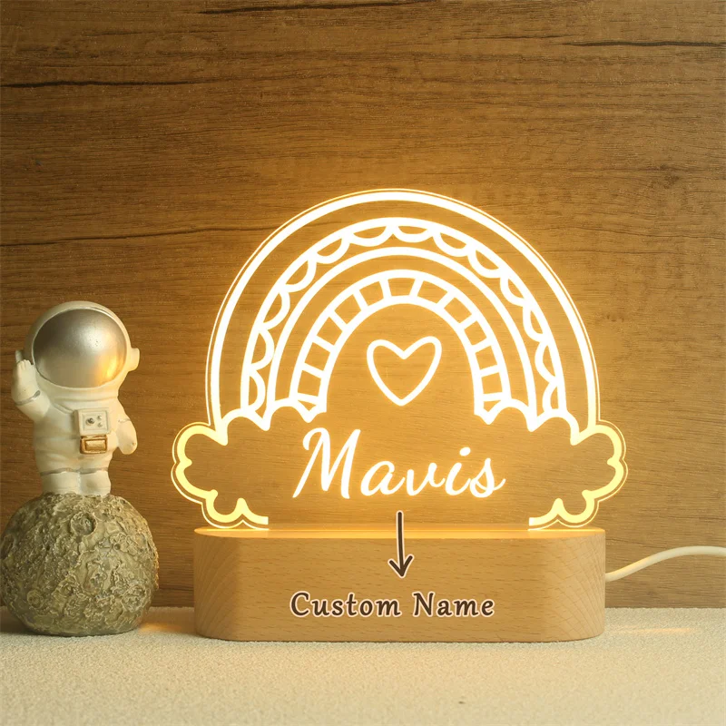 Custom LED Night Light with Wooden Base,Baby Night Light,Cute Rainbow Lamp,Personalized Night Light,Baby Girl Gift