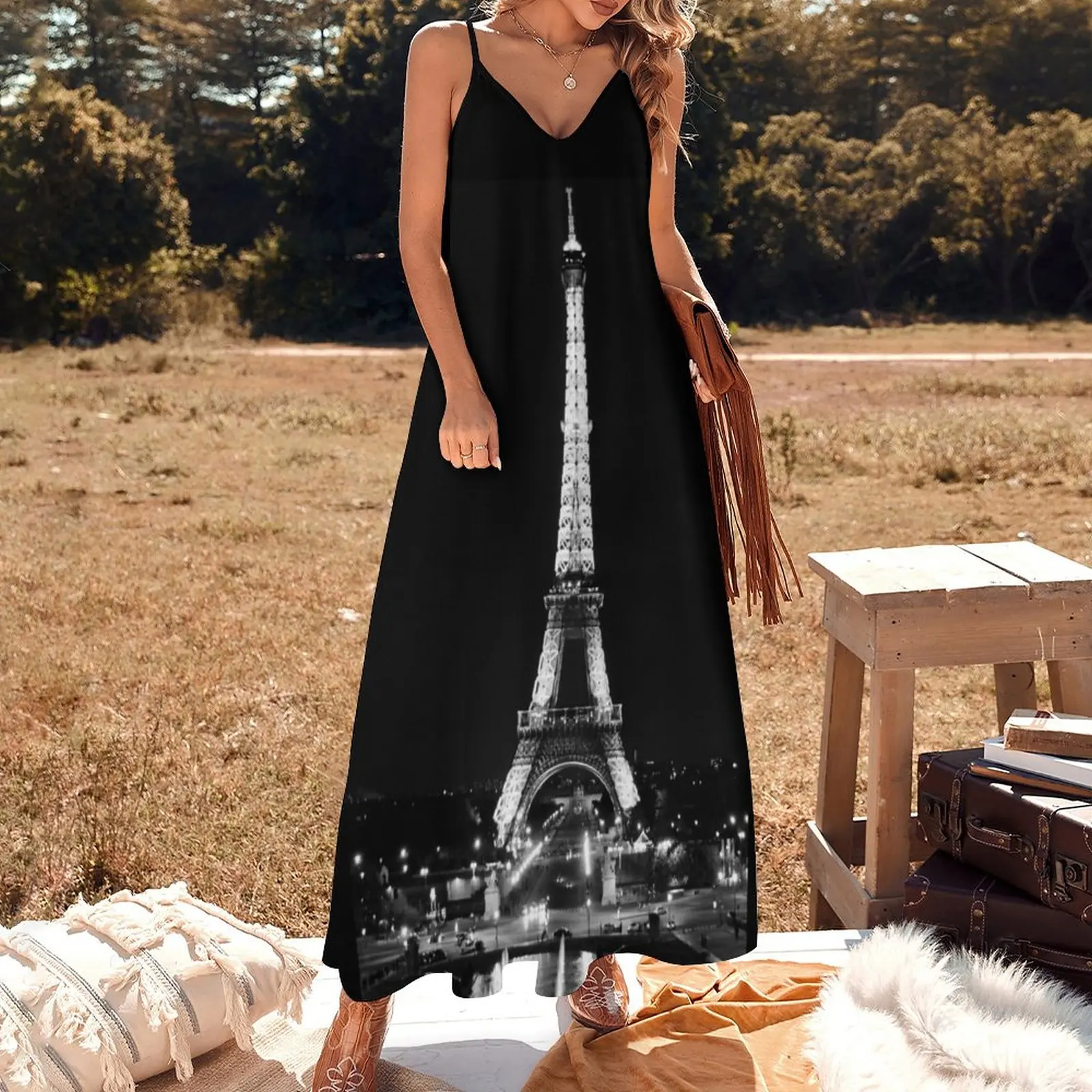 Eiffel Tower Paris at night black and white Sleeveless Dress Female dress dress dresses clothes