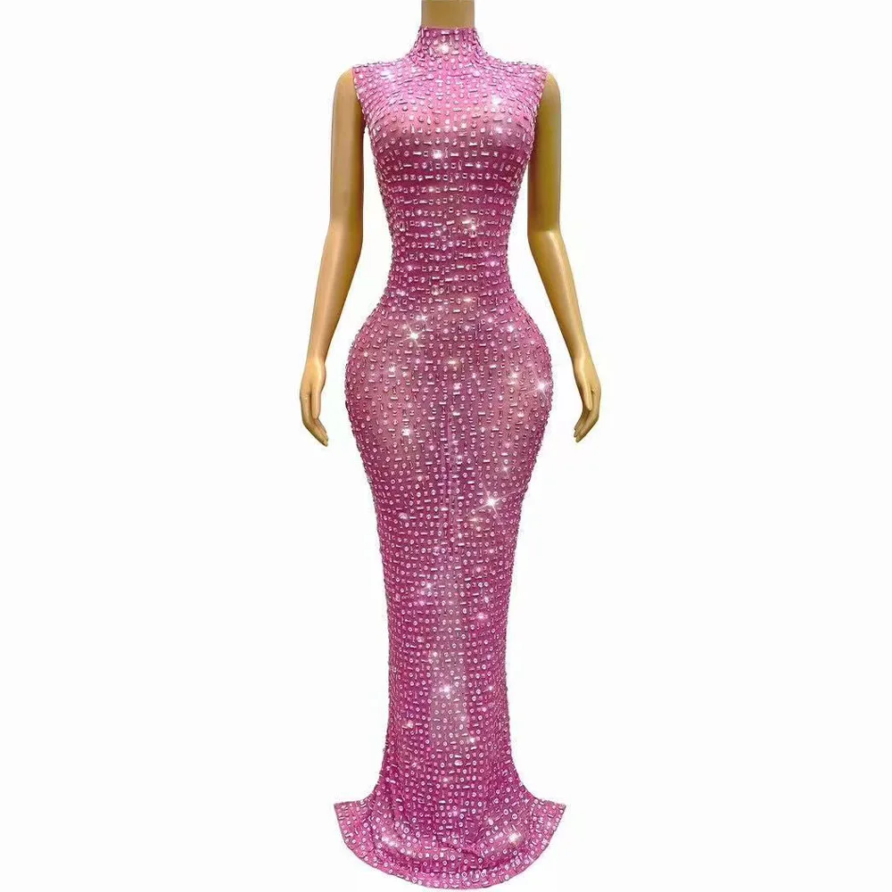 

Sexy Elegant Pink Dress Sparkly Full Rhinestones Mesh Gown Birthday Celebrate Luxury Evening Red carpet Stage Photoshoot Costume