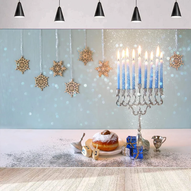 

Happy Hanukkah Photography Backdrop Menorah Silver Glitter Bokeh Lights Chanukah Holy Holiday Party Background Wall Poster