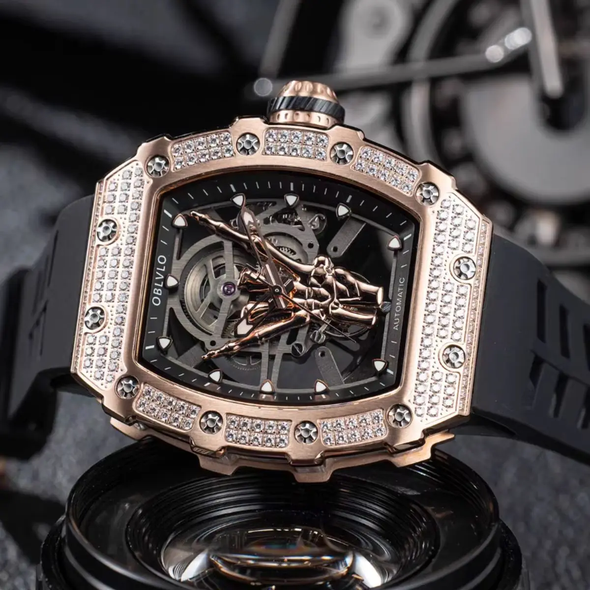 OBLVLO Men Automatic Watch 44mm Tonneau Mechanical Wristwatch Luminou Waterproof Sapphire Mirror Skeleton Finger Dial Miyota Mov
