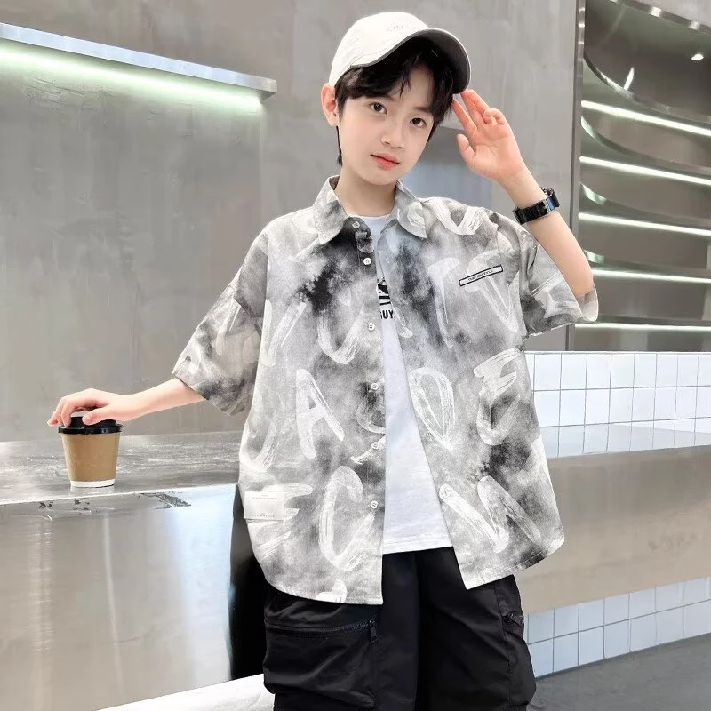 

New Summer Kids Boy Shirt Letters Graphic Short Sleeve Shirts KidsT-shirts Multiple Patterns Boy Outdoor Casual Top 7-12Y