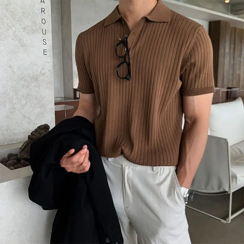 Image of Sommer Herren Elastisches Poloshirt Eisseide Gestreiftes Dünnes T-Shirt Atmungsaktiv Kühl Koreanische Version Slim Strukturiertes Kurzarm-Shirt