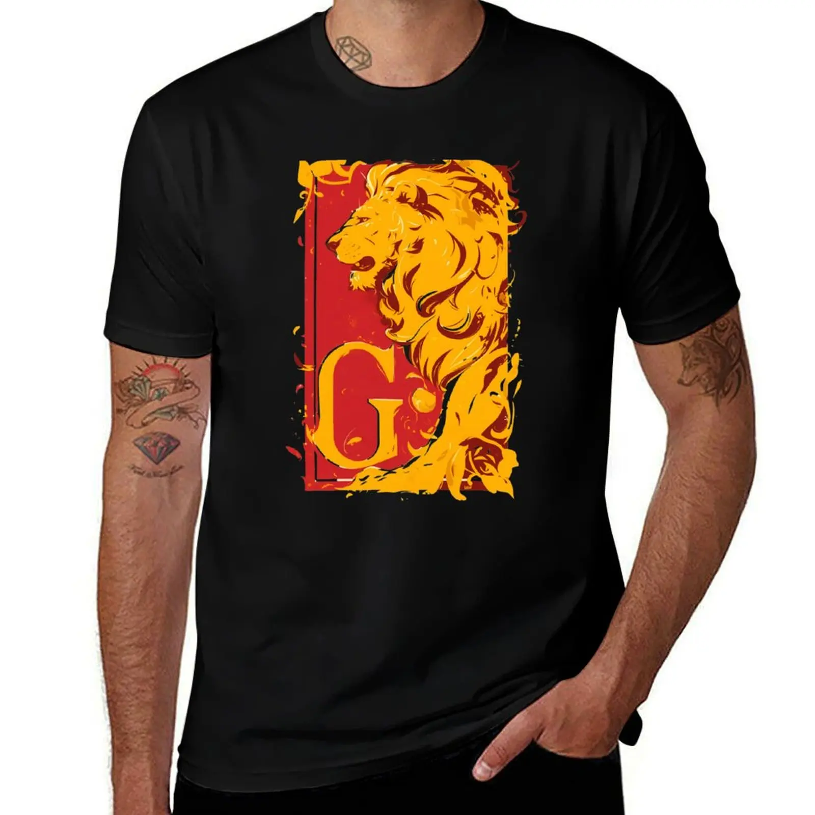 Lion in Profile and the Letter G - Red Backdrop - Fantasy T-Shirt Festival Short Sleeve T-Shirt