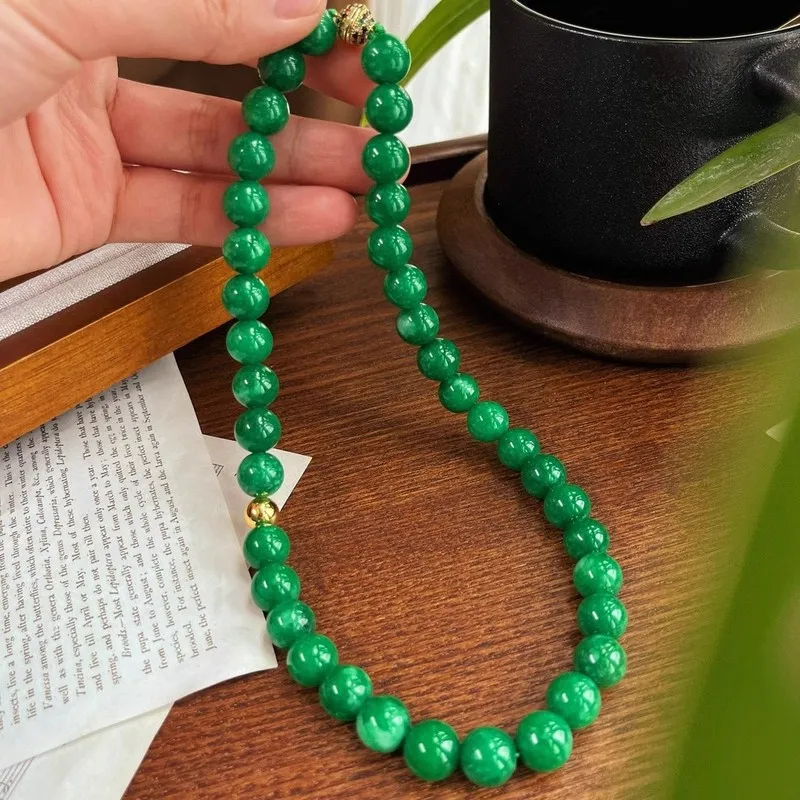 10mm dry green jade round bead necklace enhanced color with a diamond ball clasp