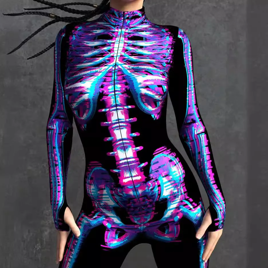 

Halloween Skinny Women Printed Colorful Skull Cosplay Jumpsuit Cyberpunk Zentai Suit Carnival Party Aerial Performance Bodysuits