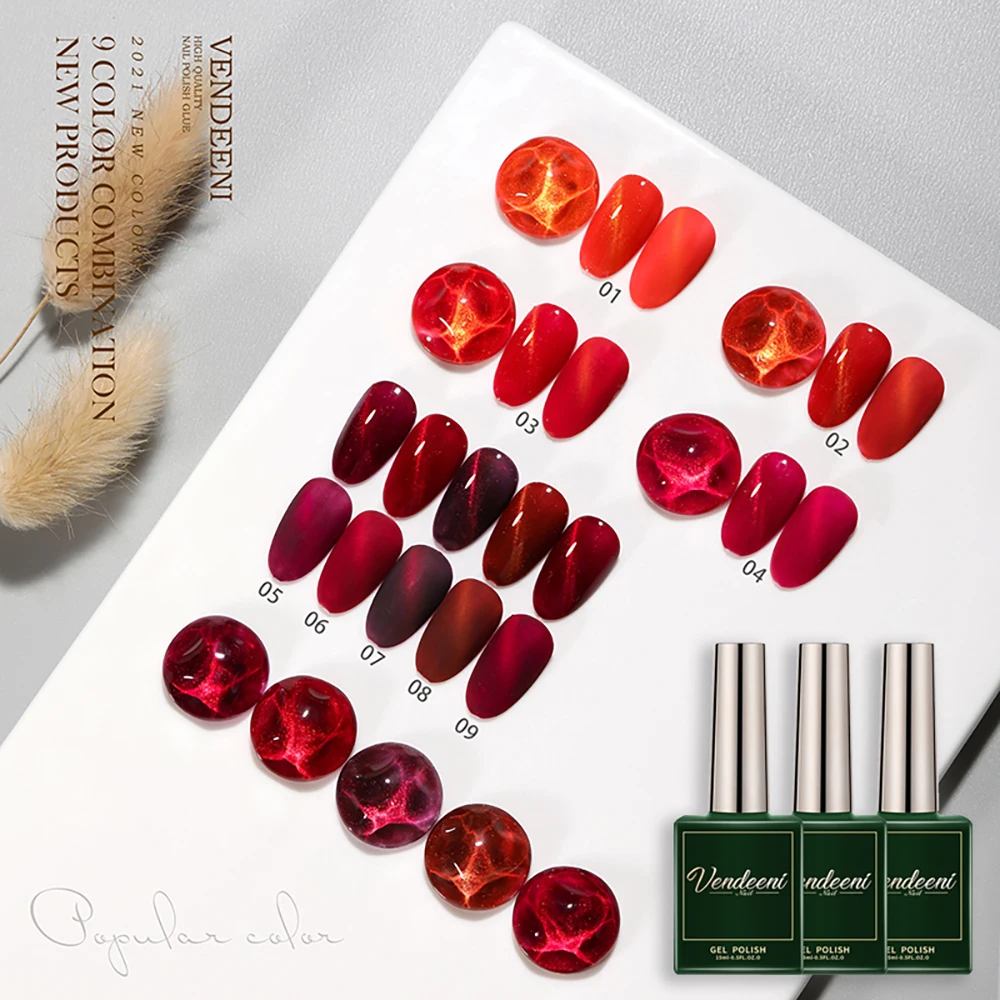 Vendeeni 9 Colors Red Series Cat Eye Gel Nail Polish Wine Red Glitter Nail Art Gel Varnish Magnetic UV LED Soak Off Gel Lacquer