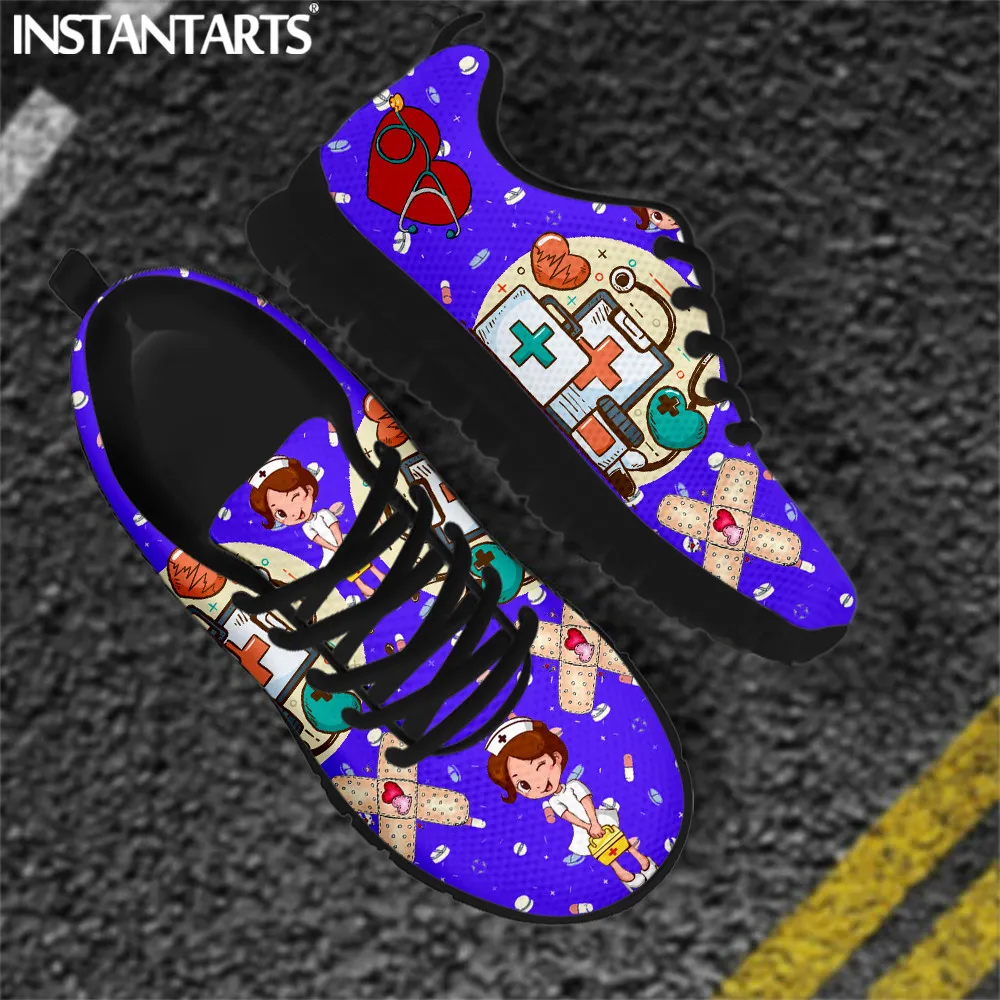 INSTANTARTS EKG Heartbeat Women's Shoes Cartoon Nurse Doctor Pattern Lace Up Outdoor Walking Sneaker Nursing Sneakers Hospital