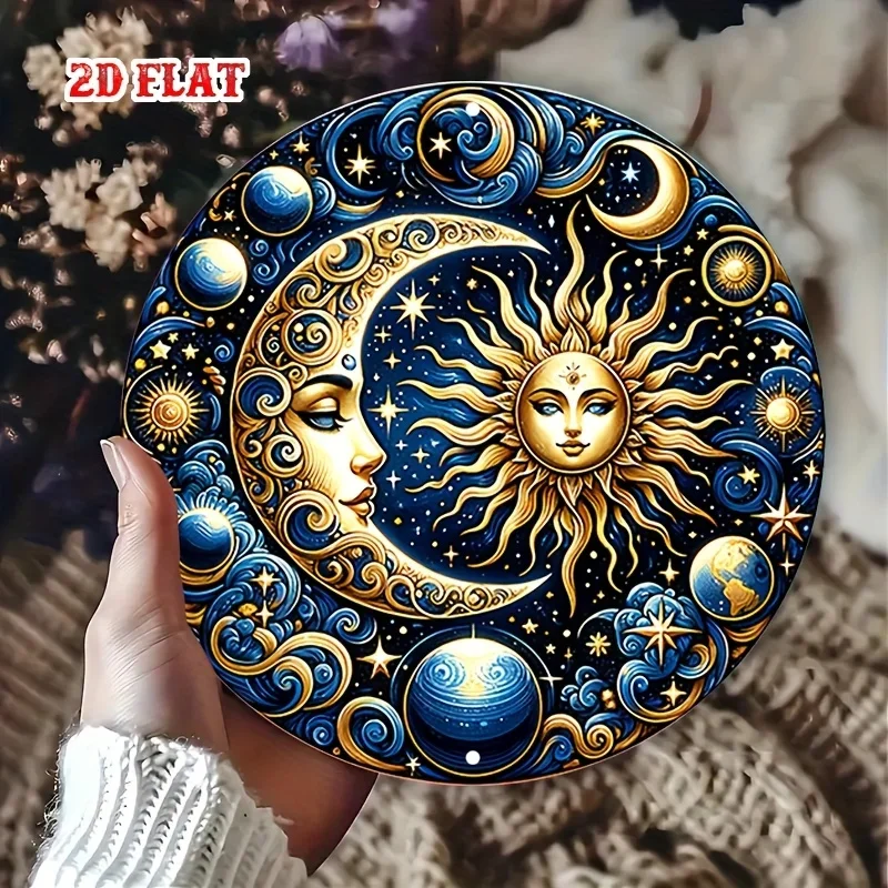 2D Flat 1pc Vintage Metal Sign, Celestial Sun and Moon in Cosmic Design iron Round Poster with Elegant Imagery