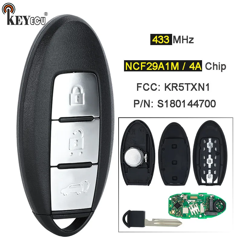 

KEYECU 433 МГц NCF29A1M 4A чип KR5TXN1, S180144700 Бесконтактный дистанционный ключ-брелок с 3 кнопками для Infiniti Q50 2019 2020