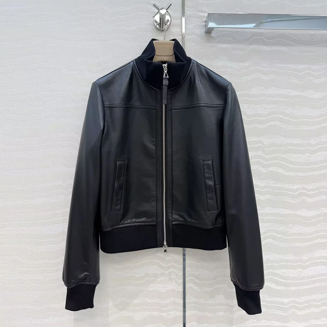 Old Money Style 100% Sheepskin Leather Coat Women Turtleneck Zipper Long Sleeve Solid Color Chic Luxury Designer Jacket