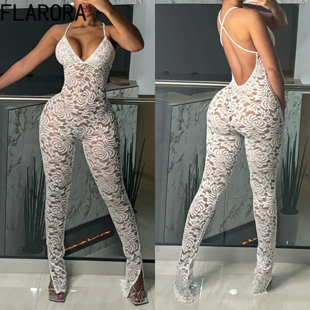 

FLARORA Fancy Sheer Lace Jumpsuits Woman V Neck Cross Backless Sleeveless One Piece Overalls Sexy Female Party Clubwear Jumpsuit
