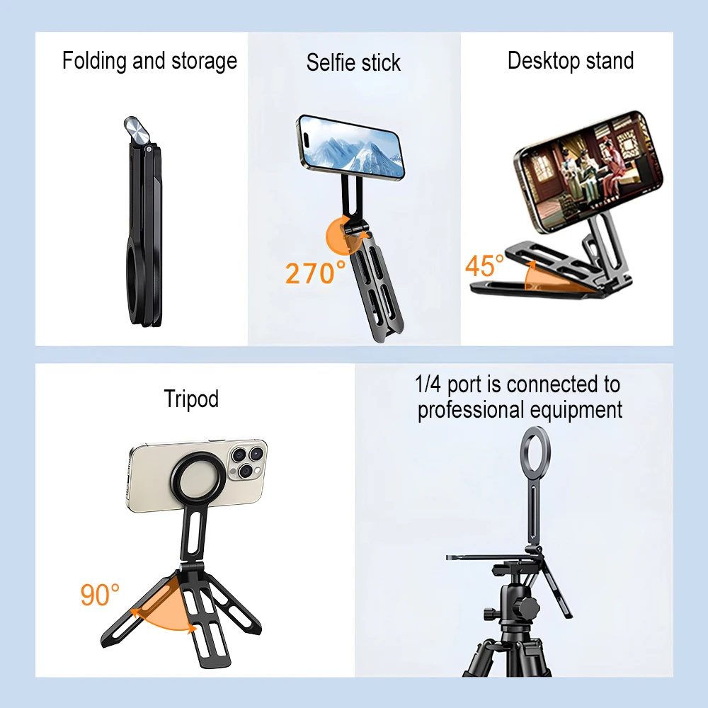 Dual-sided Magnet Portable Carabiner Mount Phone Tripod Carabiner Design Foldable Desktop Mount Handle For iPhone Samsung Xiaomi