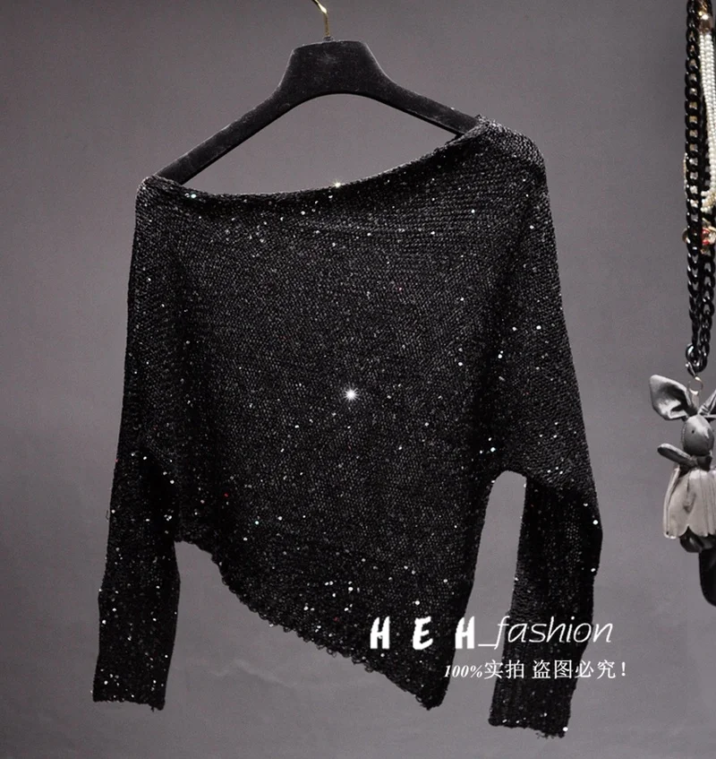 Irregular Sloping Shoulder Hollow-out The Knitting Coat Fall Clothes for Women Fashion Sexy Aesthetic Sweater Sequined