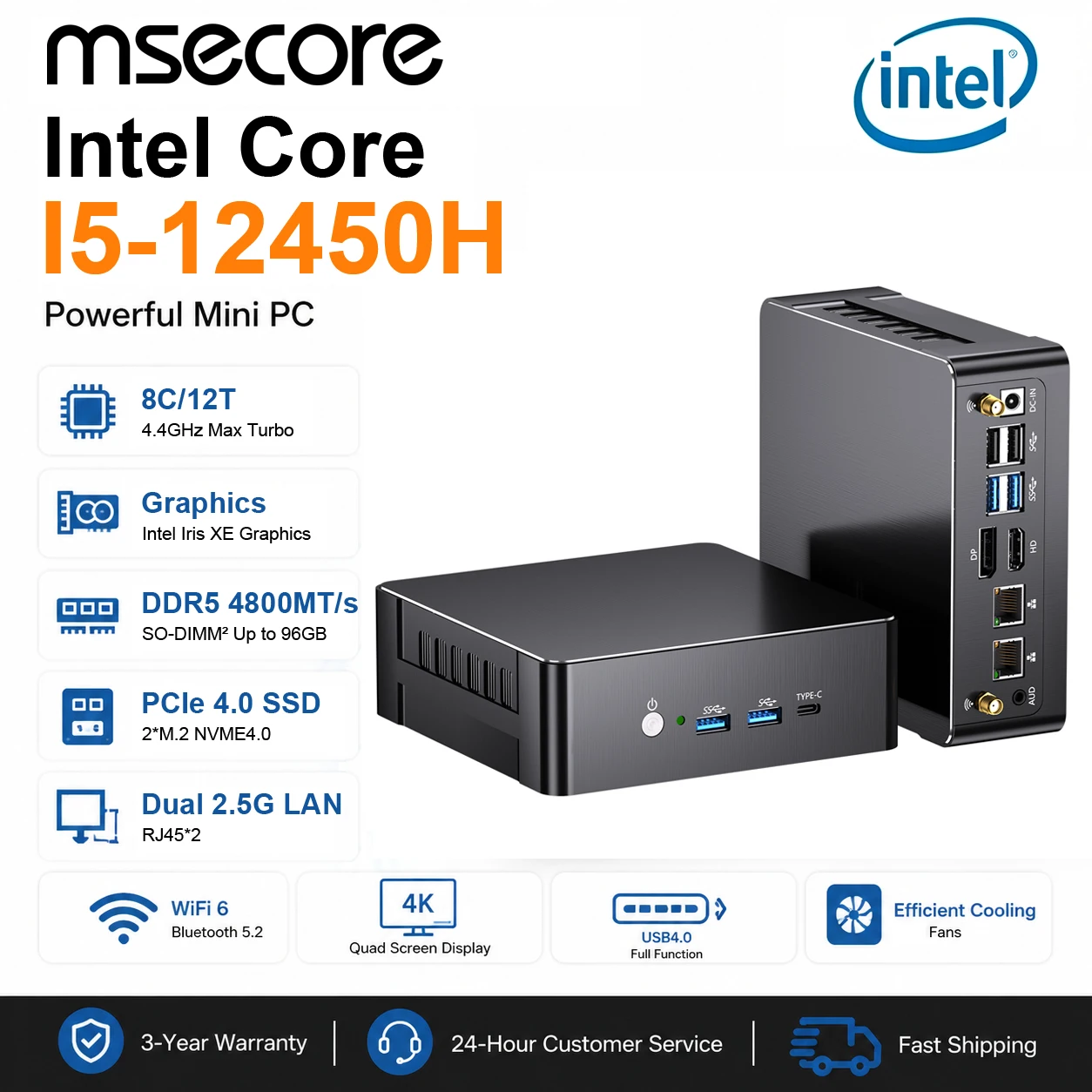 MSECORE MQ12 Mini Gaming PC Intel Core I5-12450H DDR5 NVMe SSD WiFi6 BT5.2 Dual 2.5G LAN USB4 eGPU Triple 4K Office Desktop