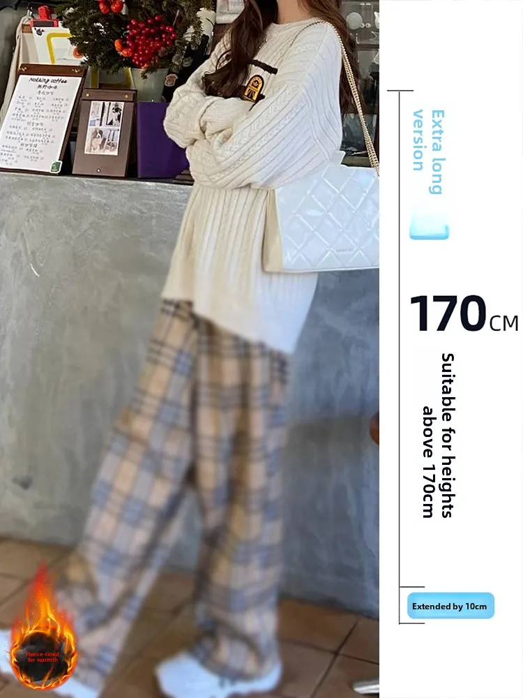 

Женские брюки с высокой талией в клетку, широкие, на флисовой подкладке, осенне-зимние, длинные, в пол, повседневные, прямого кроя