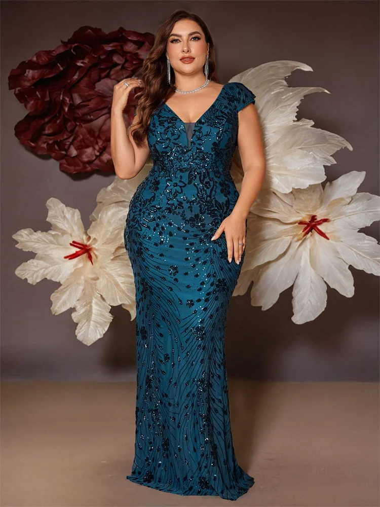 Lucyinlove Plus Size Elegant Blue Evening Dress For Women 2024 Luxury Long Mermaid Formal Sequins V-neck Prom Wedding Party Gown