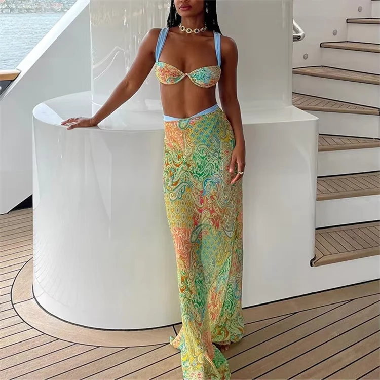 

Color Block Bandage Crop Top Maxi Skirt Summer Vacation Outfits for Women Sexy 3 Piece Sets