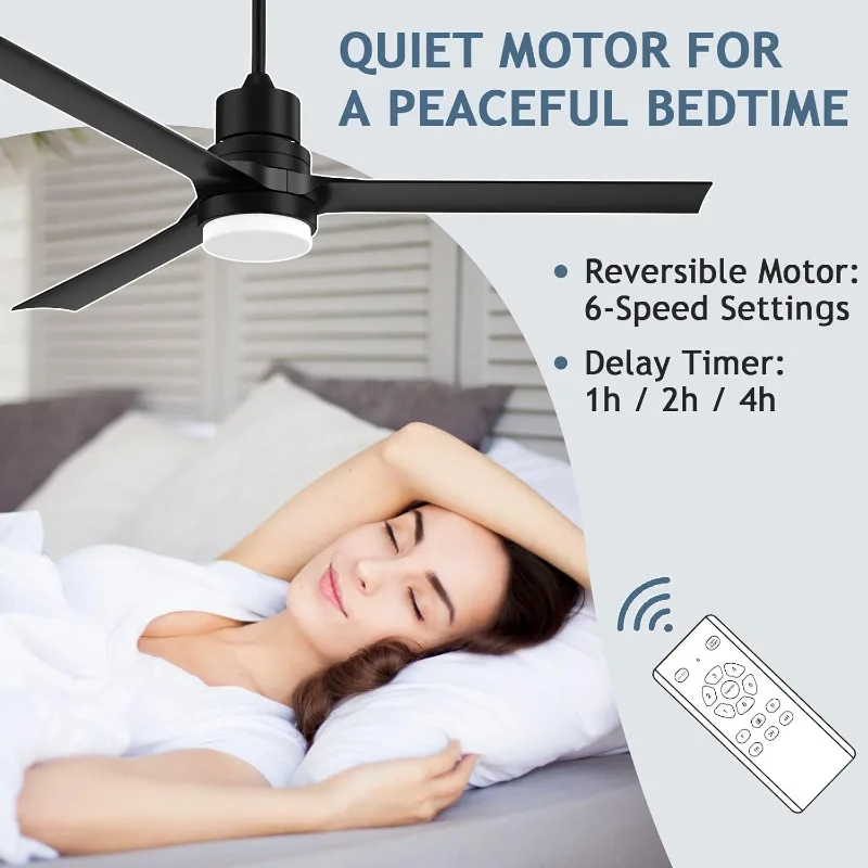 Outdoor Ceiling Fan with Lights 60 inch Black Ceiling Fan with Remote Fan Bedroom 6 Speeds Modern Fan with Reversible DC Motor