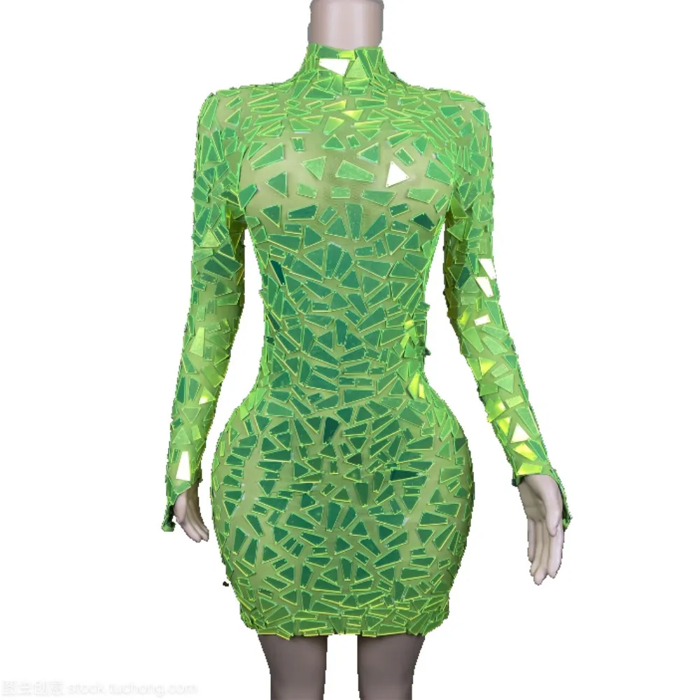 

Новое сексуальное мигающее неоновое зеленое зеркало, прозрачное сетчатое платье, вечерний костюм для дня рождения, танцевальное сексуальное платье