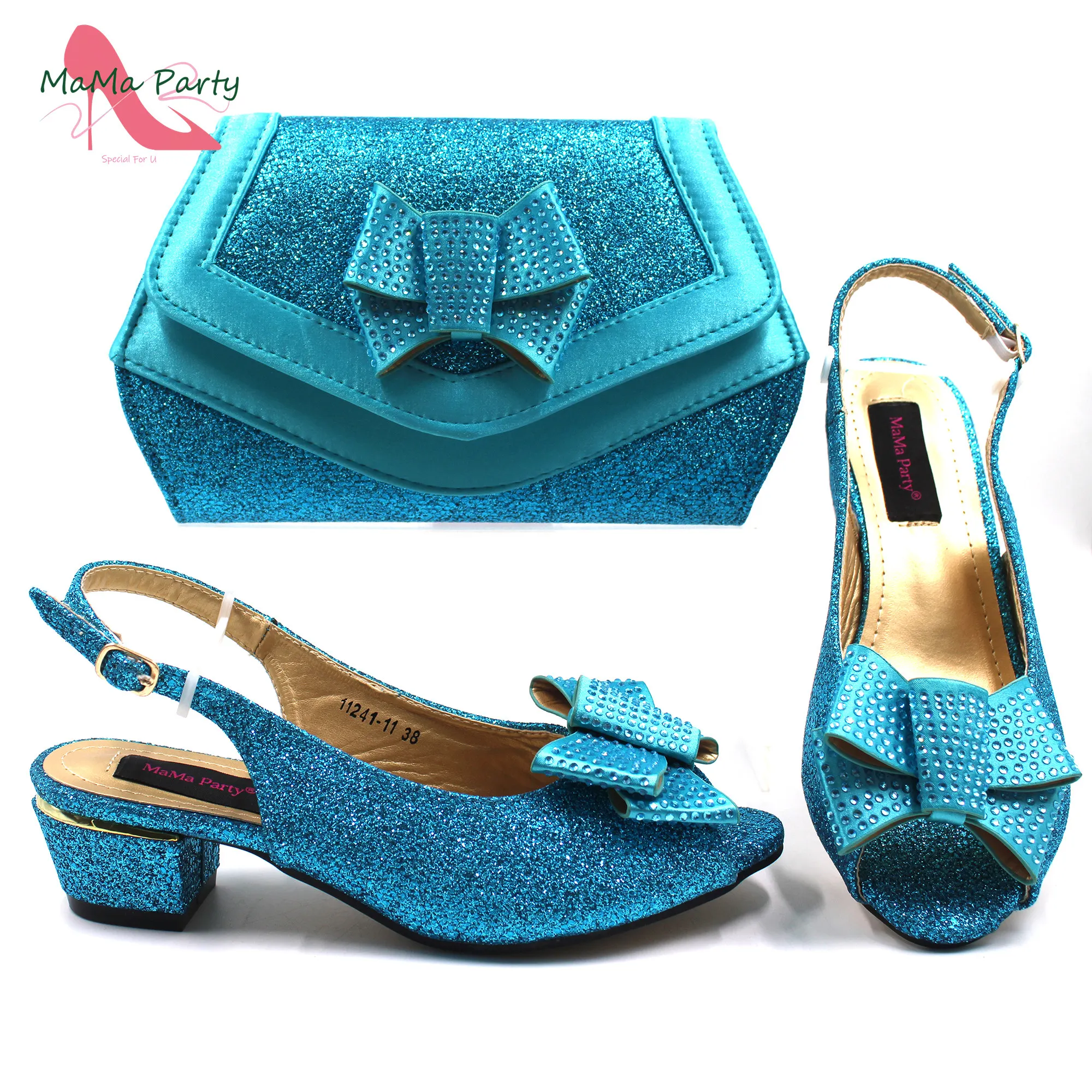 

Sky Blue New Arrivals Nigerian Women Shoes and Bag Set Italian Design Low Heels with Crystal Peep Toe Sandals for Party