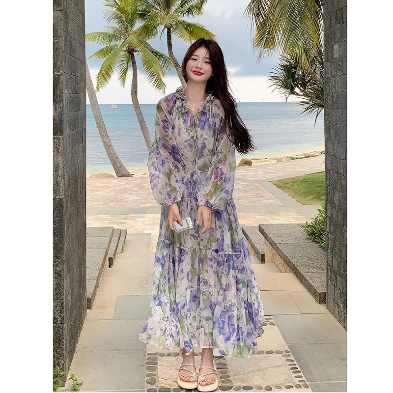 2025 nova chegada verão feminino estilo praia a linha impressão saia tornozelo comprimento all-match com decote em v em camadas retalhos design saias t144