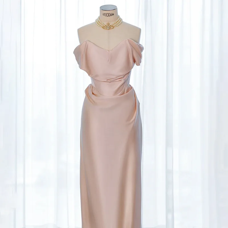 Pink Evening Gown Boat Neck French Minimalist Satin Style Ladies' Dance Dress Banquet Engagement Toast Dress 2024 New Gown